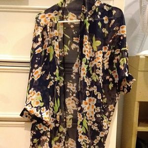 Transparent navy blue floral kimono cover up